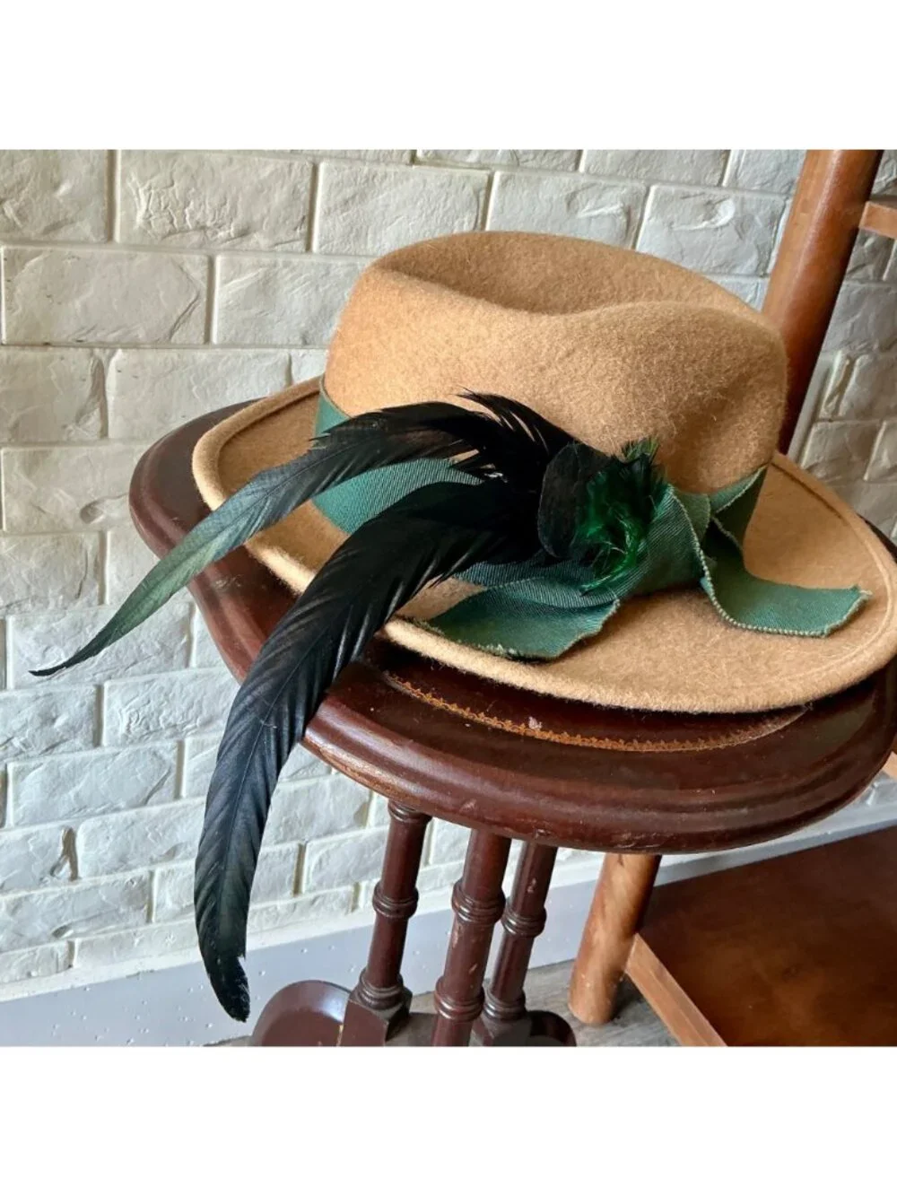 Vintage Capo Feathered Tan Wool Hat + Ribbon Hatband - Picture 7 of 10